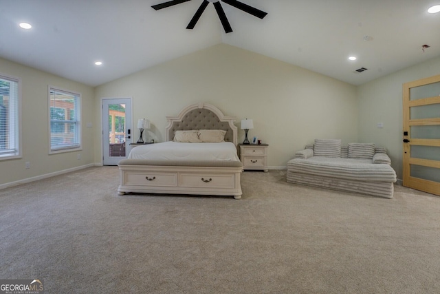 bedroom featuring light colored carpet, baseboards, vaulted ceiling, and access to exterior