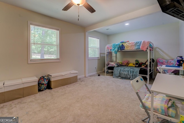 bedroom with carpet floors, a ceiling fan, and recessed lighting
