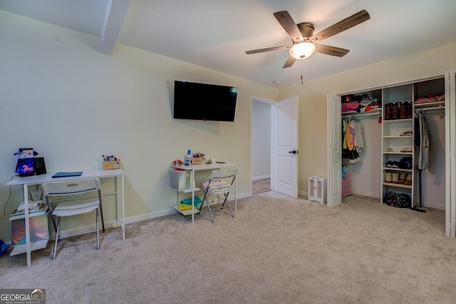 game room featuring baseboards, heating unit, carpet, and ceiling fan