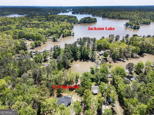 aerial view featuring a water view and a view of trees