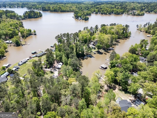 birds eye view of property featuring a view of trees and a water view