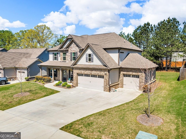 craftsman-style house featuring driveway, an attached garage, a front lawn, brick siding, and a shingled roof