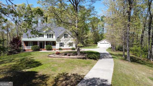 150 Fauna Meadows Dr, Newnan, GA 30263 - view of front of house with covered porch, an outbuilding, a front lawn, a garage, and concrete driveway