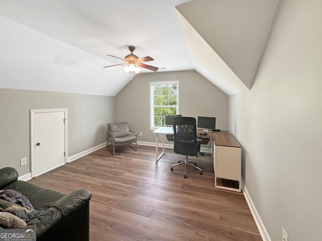 150 Fauna Meadows Dr, Newnan, GA 30263 - home office featuring wood finished floors, a ceiling fan, and vaulted ceiling