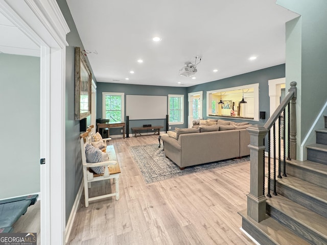 150 Fauna Meadows Dr, Newnan, GA 30263 - living area featuring stairs, light wood-type flooring, and recessed lighting