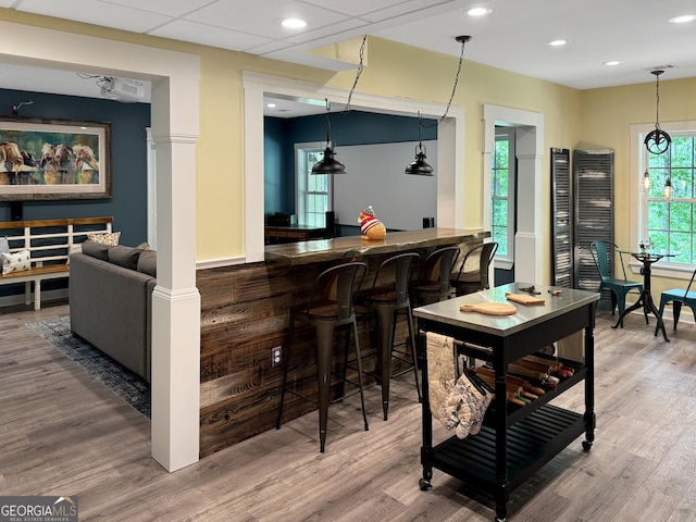 150 Fauna Meadows Dr, Newnan, GA 30263 - indoor bar with wood finished floors, recessed lighting, and hanging light fixtures