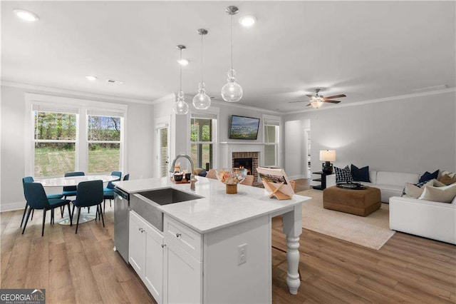 4038 Andover Cir, Mcdonough, GA 30252 - kitchen with crown molding, open floor plan, stainless steel dishwasher, and a sink