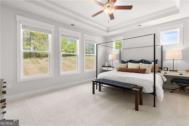 4038 Andover Cir, Mcdonough, GA 30252 - bedroom with visible vents, a raised ceiling, carpet, and a ceiling fan