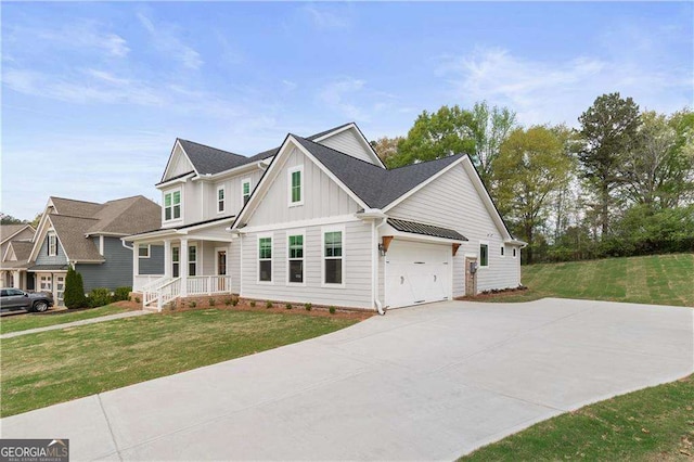 4038 Andover Cir, Mcdonough, GA 30252 - craftsman-style home featuring a porch, driveway, board and batten siding, and a front lawn