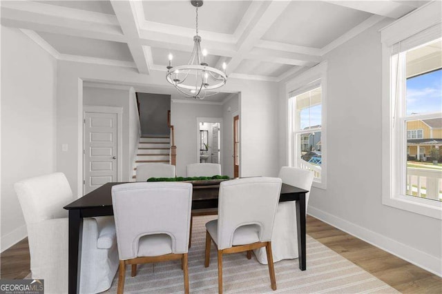 4038 Andover Cir, Mcdonough, GA 30252 - dining space featuring a chandelier, stairs, beamed ceiling, coffered ceiling, and wood finished floors