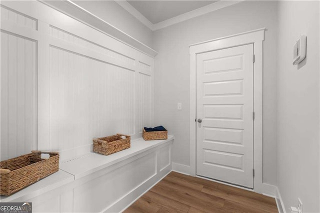 4038 Andover Cir, Mcdonough, GA 30252 - mudroom featuring crown molding and dark wood-type flooring