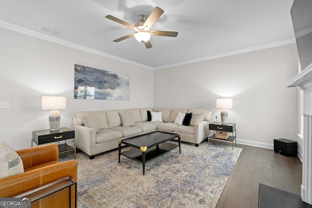 3087 Mountain Shadow Way, Marietta, GA 30064 - living room with wood finished floors, visible vents, ornamental molding, baseboards, and ceiling fan