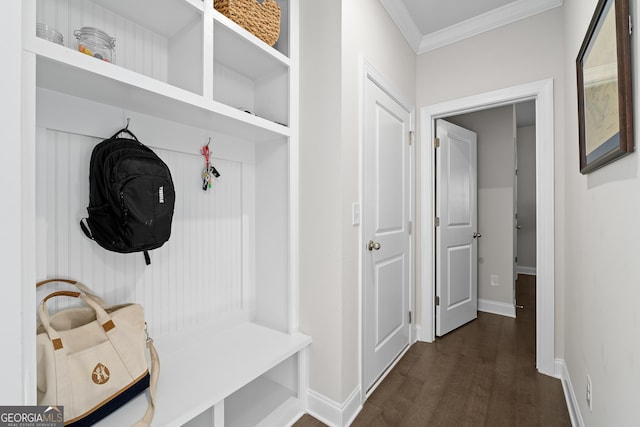 3087 Mountain Shadow Way, Marietta, GA 30064 - mudroom featuring baseboards, ornamental molding, and dark wood-style flooring