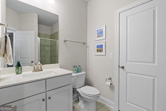 3087 Mountain Shadow Way, Marietta, GA 30064 - bathroom with toilet, tile patterned floors, a stall shower, vanity, and baseboards