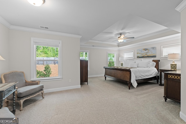 3087 Mountain Shadow Way, Marietta, GA 30064 - bedroom with light carpet, ornamental molding, visible vents, and a raised ceiling
