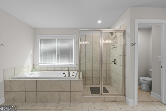 3087 Mountain Shadow Way, Marietta, GA 30064 - bathroom featuring tile patterned floors, a stall shower, a bath, toilet, and recessed lighting