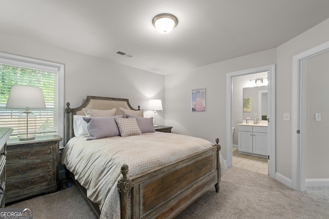 3087 Mountain Shadow Way, Marietta, GA 30064 - bedroom featuring baseboards, visible vents, light colored carpet, and connected bathroom