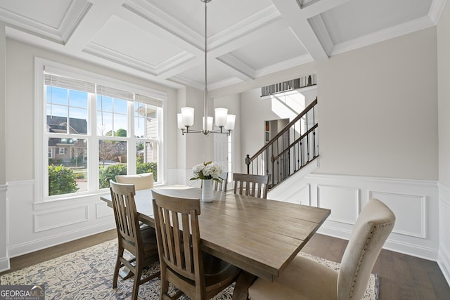 3087 Mountain Shadow Way, Marietta, GA 30064 - dining space featuring beam ceiling, a notable chandelier, coffered ceiling, and dark wood finished floors