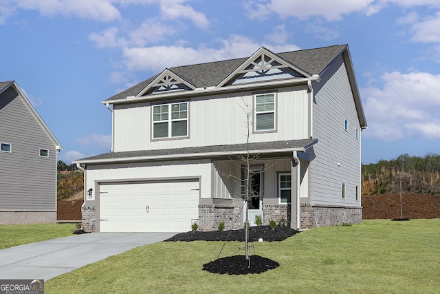383 Cantrell Dr, Dallas, GA 30157 - craftsman inspired home with driveway, a front yard, a porch, brick siding, and a garage