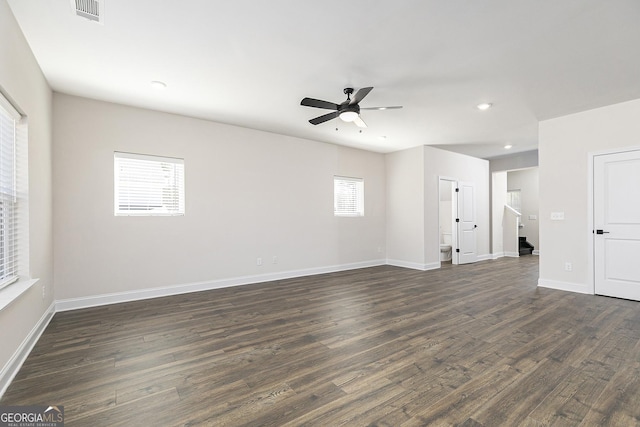 383 Cantrell Dr, Dallas, GA 30157 - unfurnished living room featuring dark wood-style floors, recessed lighting, a ceiling fan, visible vents, and baseboards
