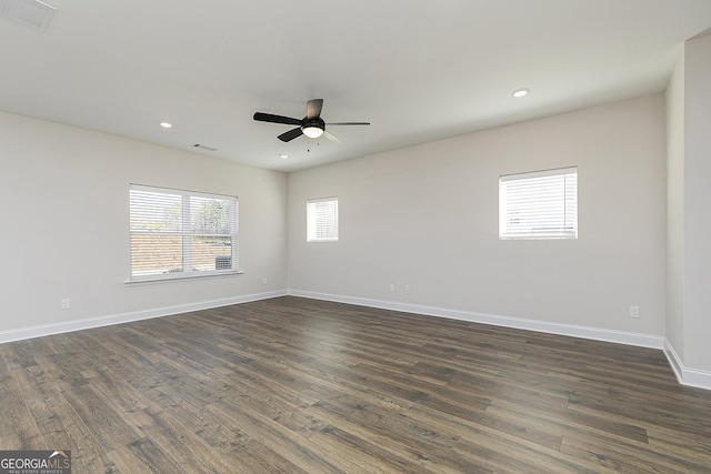 383 Cantrell Dr, Dallas, GA 30157 - empty room with ceiling fan, visible vents, baseboards, recessed lighting, and dark wood finished floors