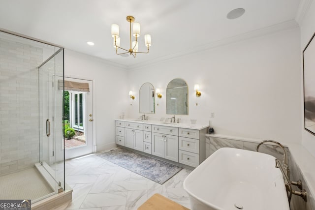 8925 Huntcliff Lake Ct, Atlanta, GA 30350 - bathroom featuring double vanity, a sink, a stall shower, and a soaking tub