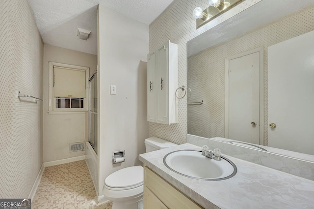 4164 Weston Dr, Powder Springs, GA 30127 - bathroom with vanity, toilet, wallpapered walls, enclosed tub / shower combo, and baseboards