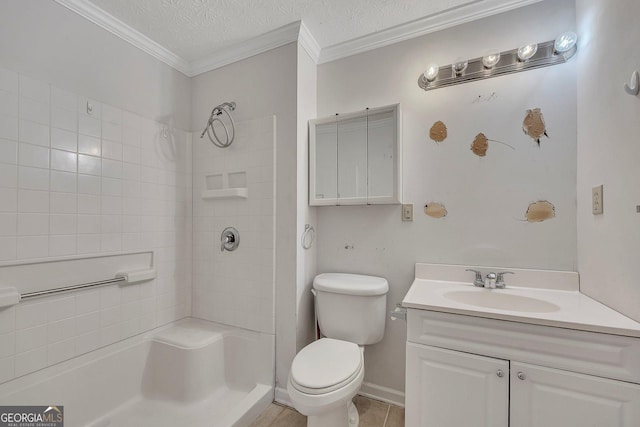 4164 Weston Dr, Powder Springs, GA 30127 - bathroom featuring vanity, a shower, toilet, crown molding, and a textured ceiling