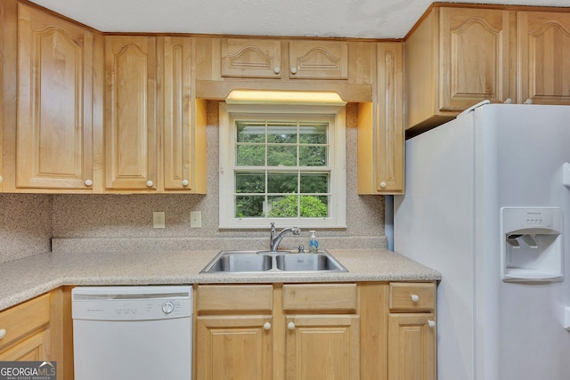 4164 Weston Dr, Powder Springs, GA 30127 - kitchen with white appliances, a sink, light countertops, and light brown cabinets