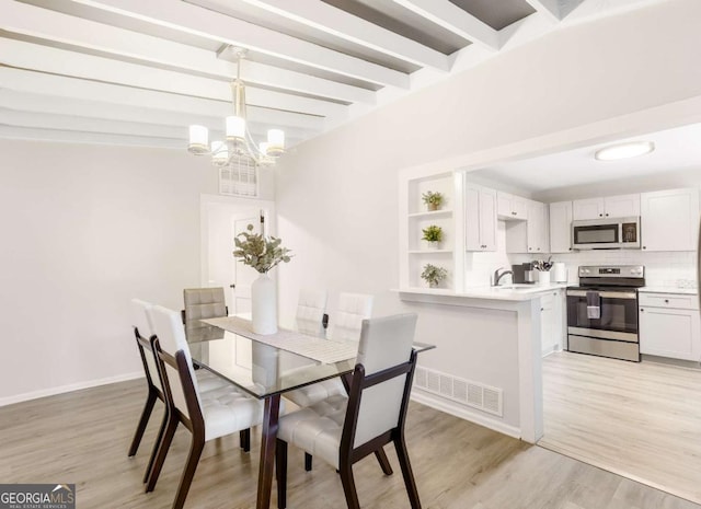 1340 Hawthorne Ave SE, Smyrna, GA 30080 - dining room featuring visible vents, baseboards, a notable chandelier, light wood-type flooring, and beamed ceiling