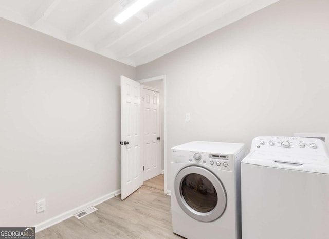 1340 Hawthorne Ave SE, Smyrna, GA 30080 - washroom featuring baseboards, light wood-style flooring, visible vents, laundry area, and washing machine and clothes dryer