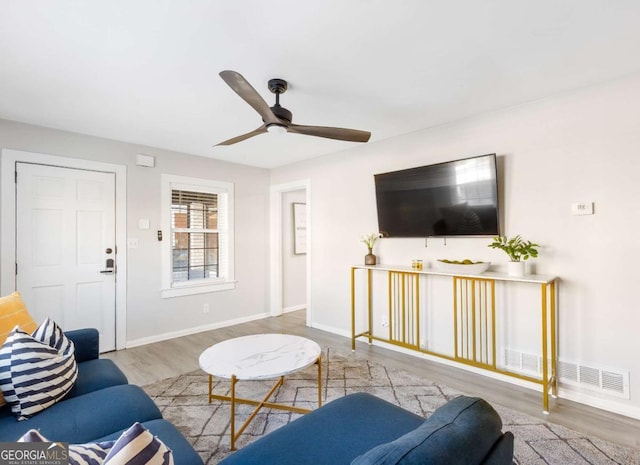 1340 Hawthorne Ave SE, Smyrna, GA 30080 - living area featuring wood finished floors, baseboards, a ceiling fan, and visible vents