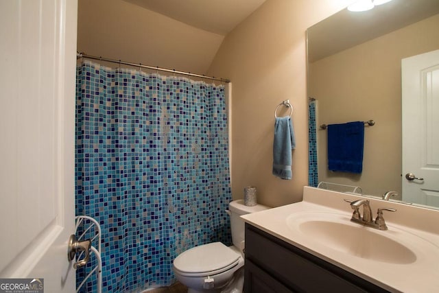 full bath with vanity, a shower with curtain, and toilet