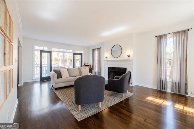 living room with a fireplace, healthy amount of natural light, dark wood-style floors, and baseboards