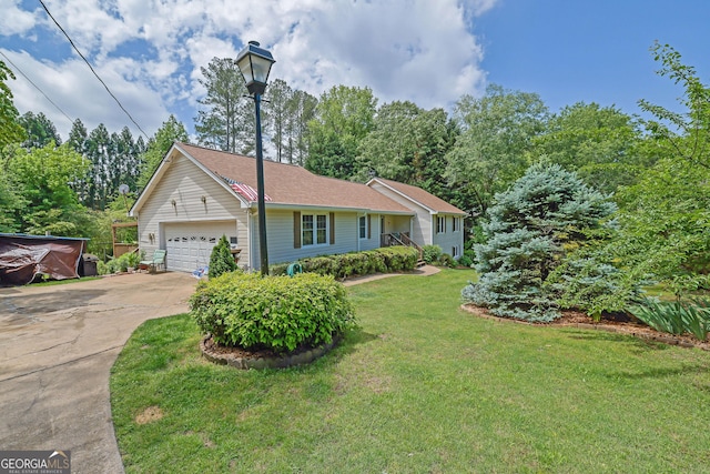 ranch-style house with driveway, a front lawn, and a garage
