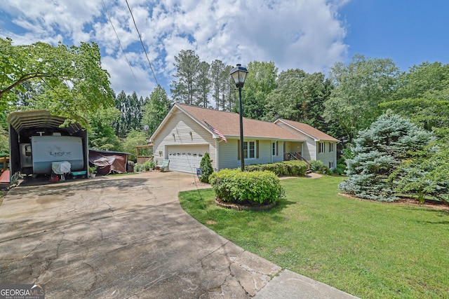 single story home with a front yard, concrete driveway, and a carport