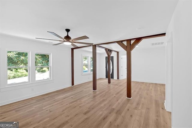 unfurnished living room featuring light wood-style floors, ceiling fan, baseboards, and visible vents