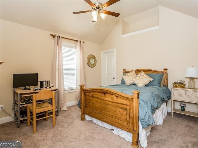 bedroom with baseboards, vaulted ceiling, ceiling fan, and carpet