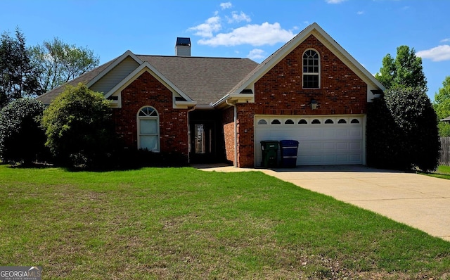 traditional-style home with a shingled roof, a chimney, brick siding, a front lawn, and driveway