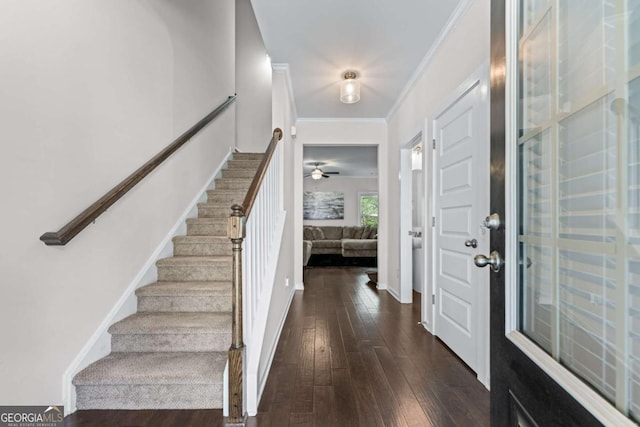 6424 Barker Station Walk, Sugar Hill, GA 30518 - foyer entrance with dark wood-style floors, stairs, ornamental molding, and a ceiling fan