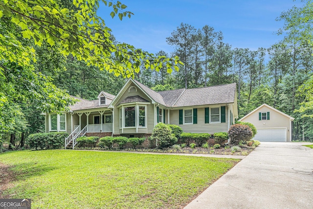 469 Kimberly Ct, Mcdonough, GA 30252 - view of front of property with an outbuilding, a detached garage, a porch, a front lawn, and crawl space