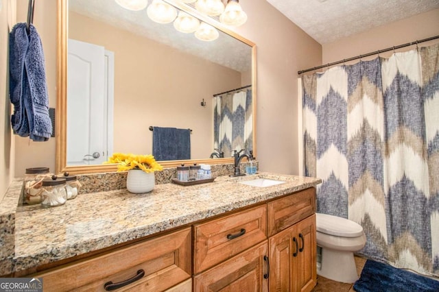 469 Kimberly Ct, Mcdonough, GA 30252 - bathroom with vanity, a textured ceiling, a shower with curtain, and tile patterned floors