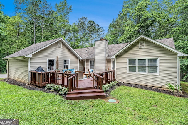 469 Kimberly Ct, Mcdonough, GA 30252 - rear view of house featuring an outdoor living space, a lawn, a deck, and a shingled roof