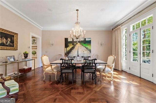 dining space with a notable chandelier and ornamental molding