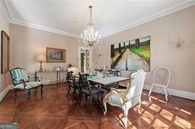 dining room with baseboards, an inviting chandelier, and ornamental molding