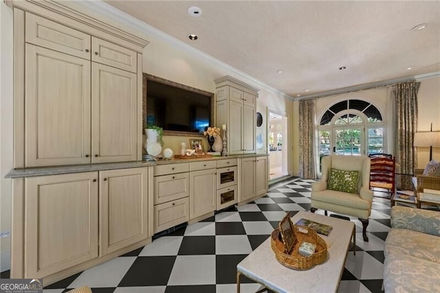 living room featuring ornamental molding, recessed lighting, and light floors
