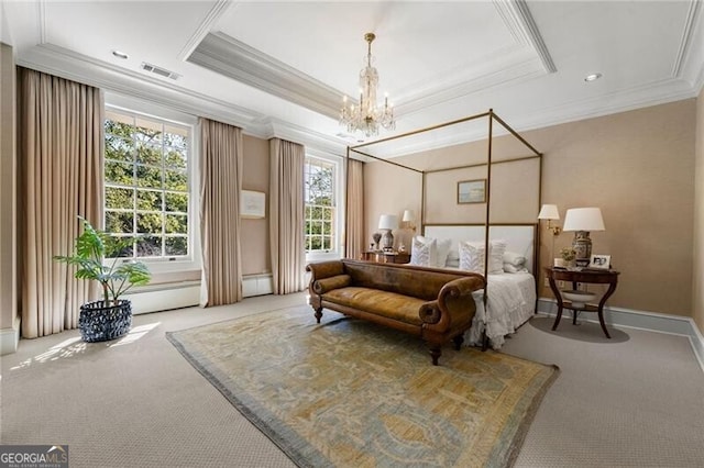carpeted bedroom with a tray ceiling, a notable chandelier, visible vents, and ornamental molding