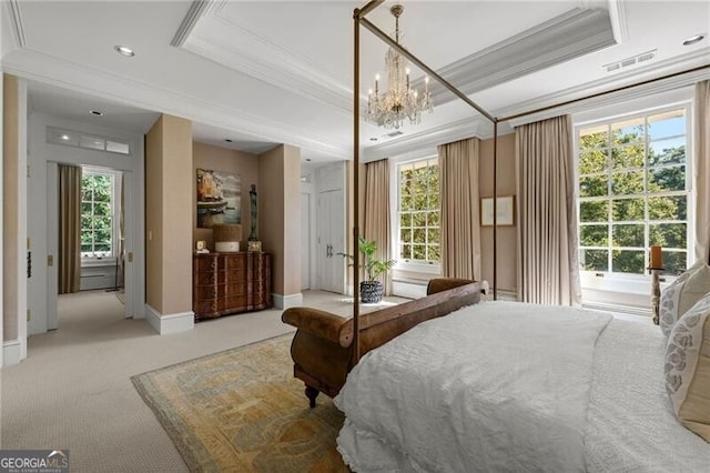 carpeted bedroom with ornamental molding, a raised ceiling, a notable chandelier, and multiple windows