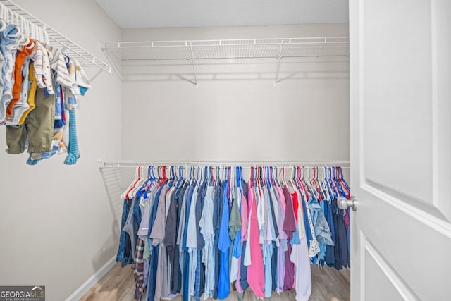 walk in closet with wood finished floors