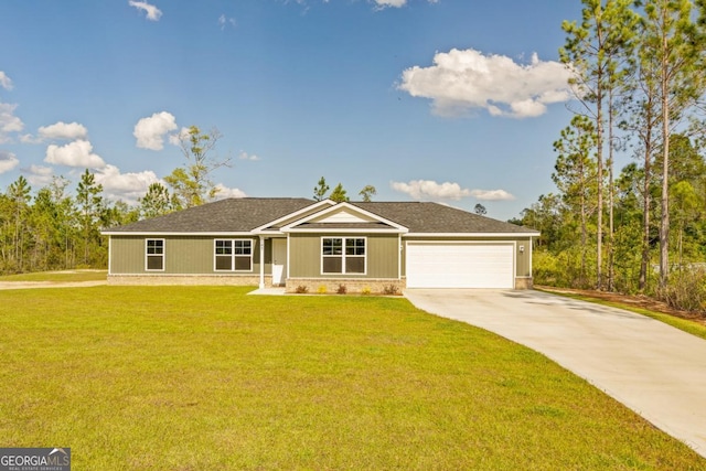 ranch-style house featuring a front yard, driveway, a garage, and roof with shingles